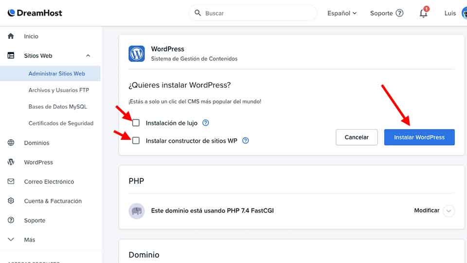 cómo instalar wordpress en dreamhost
