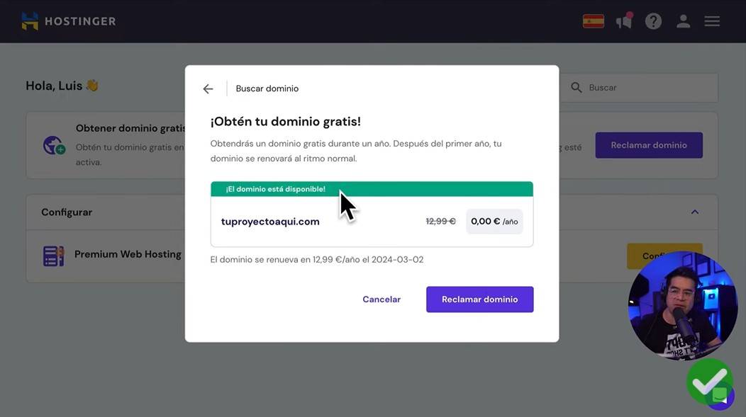 Reclamar dominio gratis en Hostinger