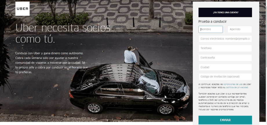 Crear página web de inicio ejemplo Uber