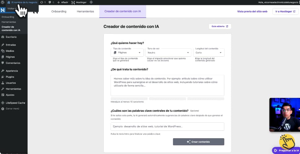 Escritorio de administración de WordPress