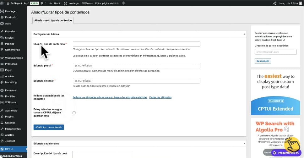 Añadir tipos de contenidos