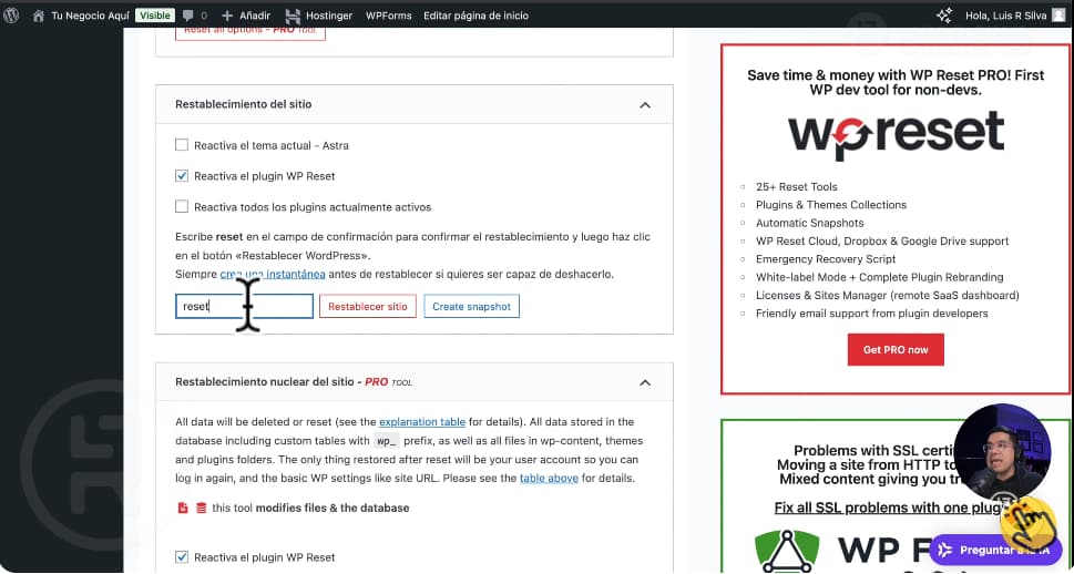 Reiniciar sitio web con el plugin WP Reset