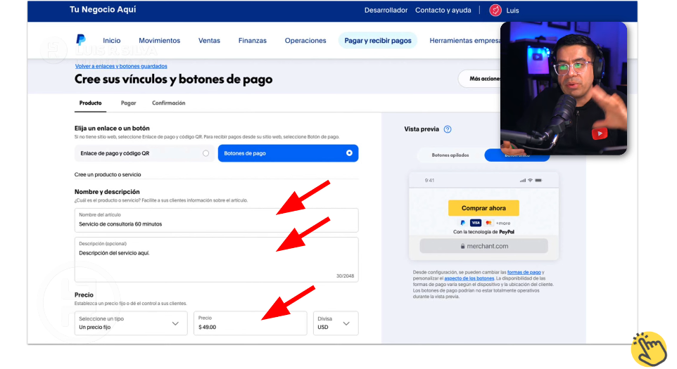 Configurar enlace y botón de pago PayPal