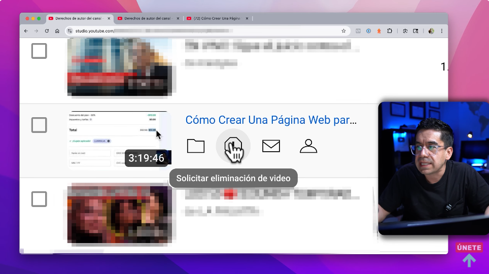 Solicitar eliminación de un video en YouTube Studio