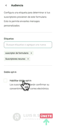 Configuración audencia para ventana emergente