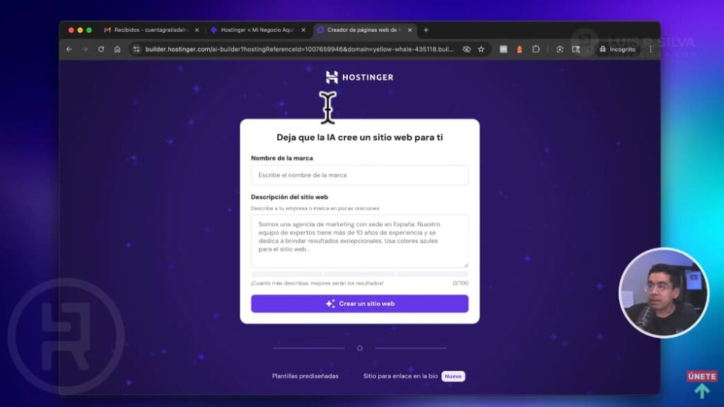 Usar el creador de páginas web de Hostinger
