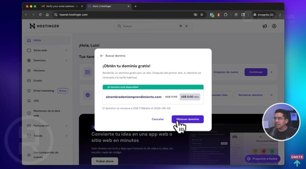 Obtener dominio gratis en Hostinger
