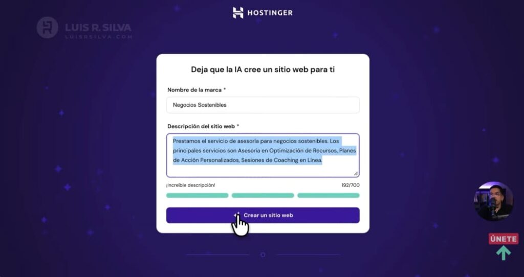 Asistente para crear con Hostinger