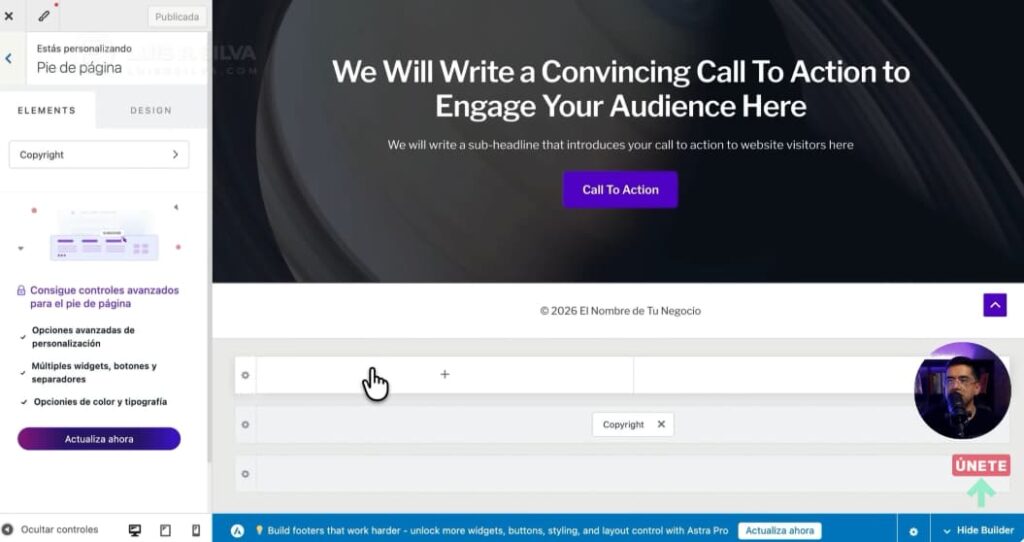 Modificar pie de página usando Astra