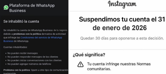 Mensajes de bloqueo WhatsApp Business y suspensión de Instagram