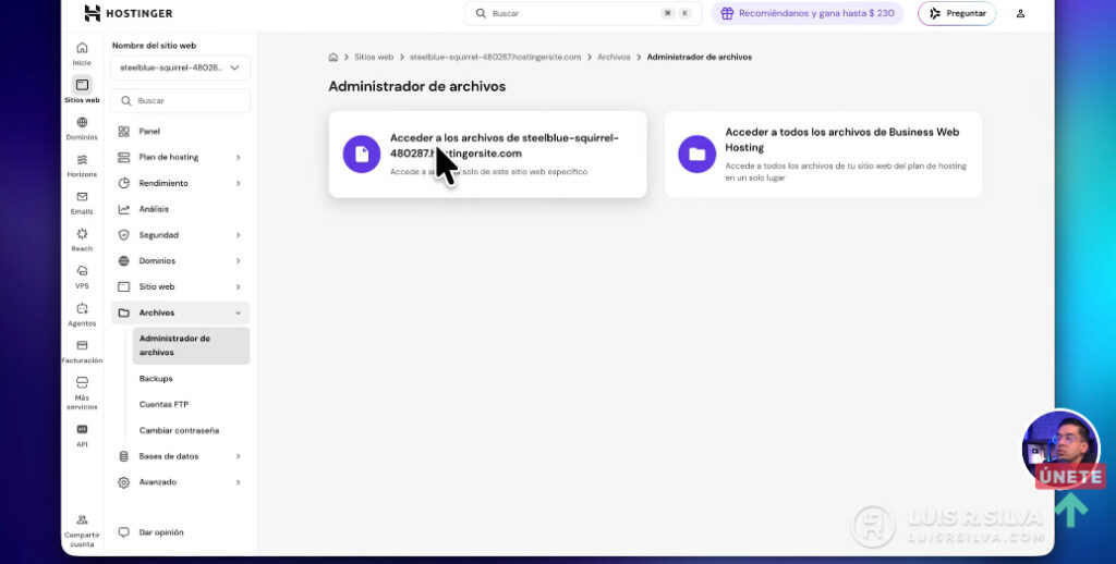 Accede al administrador de archivos de Hostinger
