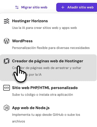 Crear página web para negocio con IA usando el creador de Hostinger