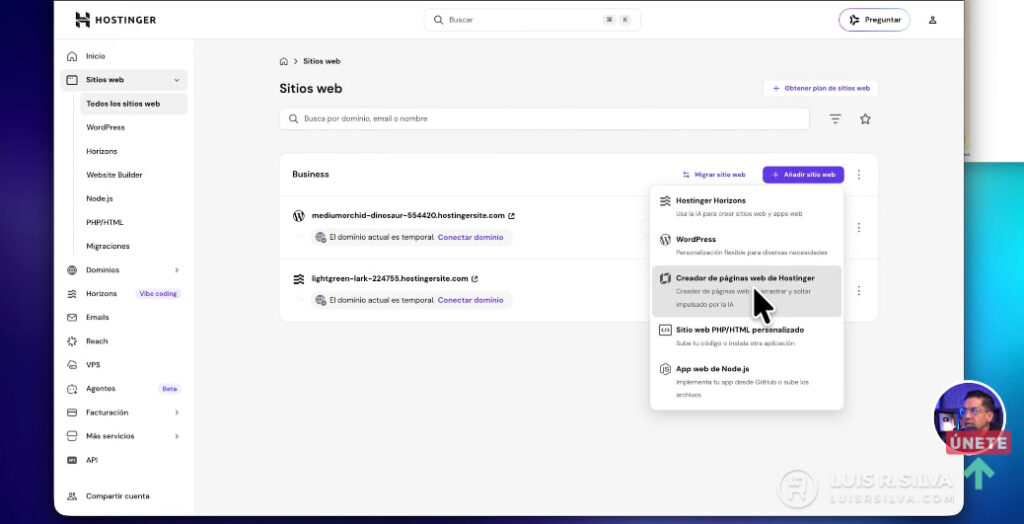 Creador de páginas web de Hostinger