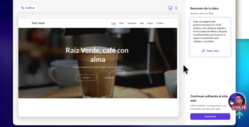 Versión completa del sitio  web generado con la IA de Hostinger