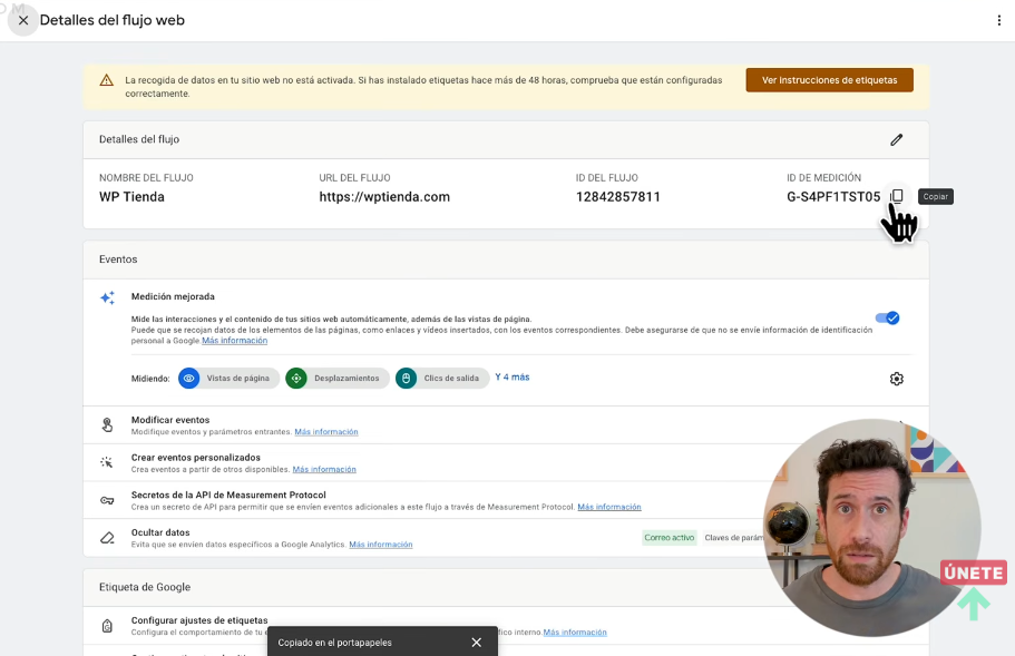 Copiar ID de medición para conectar Google Analytics con Tag Manager