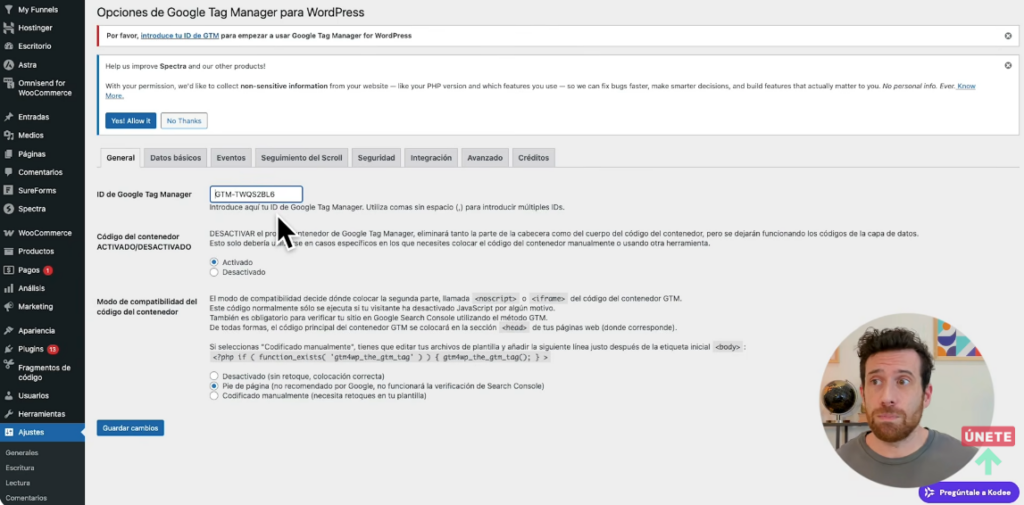 Opciones de Google Tag Manager para WordPress