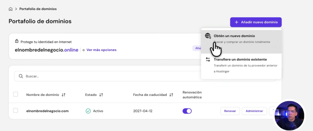 Comprar nuevo dominio en Hostinger