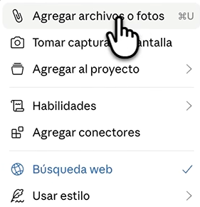 Función de agregar aechivos o fotos a Claude