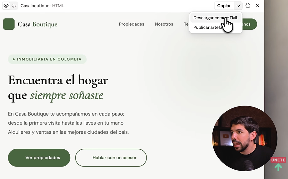 Descargar el archivo HTML de la web creada con Claude