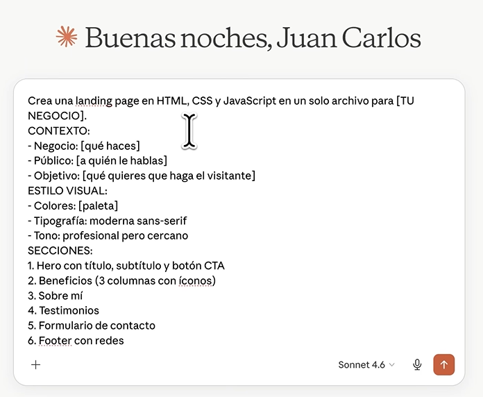 Prompt para crear una página web con Claude