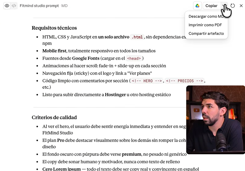 Prompt generado por Claude para crear una página web con Claude Design